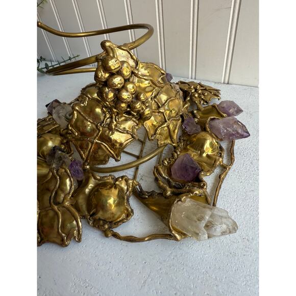 Vintage Handcrafted Brass Wine Bottle Holder | Amethyst & Quartz Gemstone - Picture 2 of 13